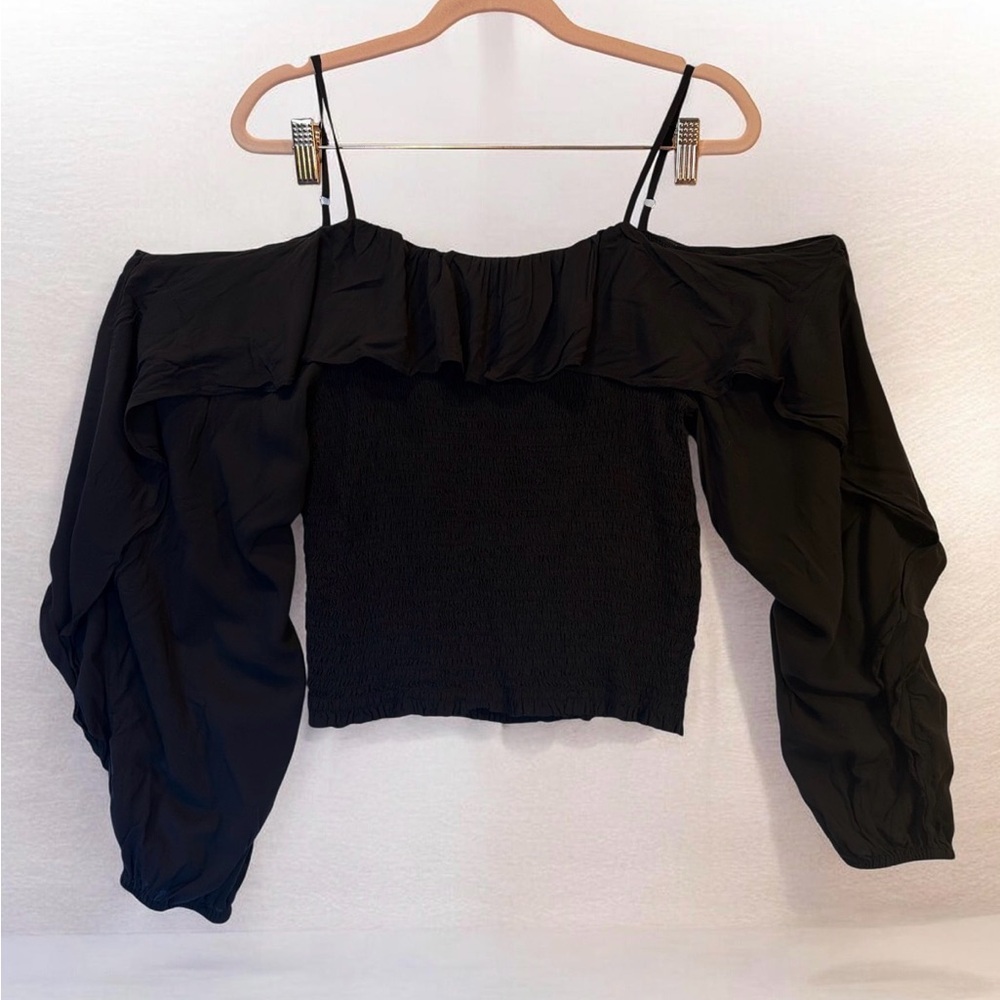 INC International Concepts Black Off-Shoulder Ruffle Crop Top. Size large